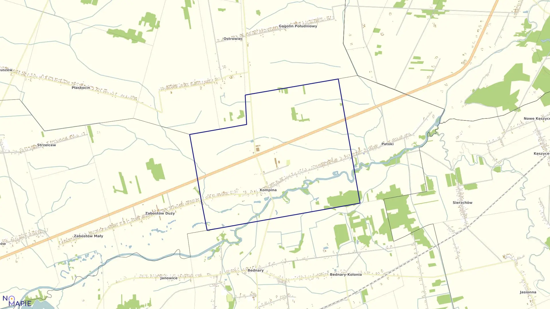 Mapa obrębu KOMPINA w gminie Nieborów